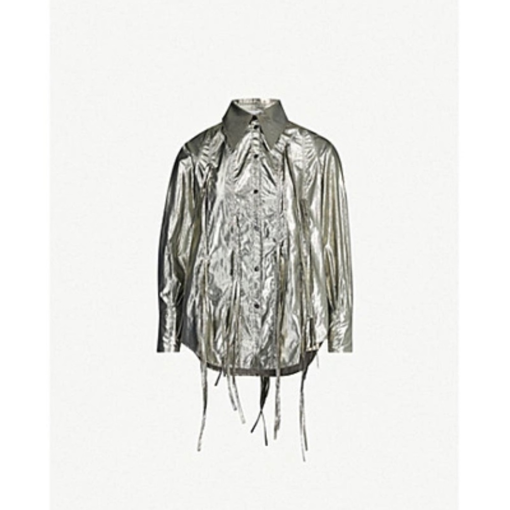Rejina Pyo Lana fringed metallic lame shirt in silver. Size XS. EUC.
